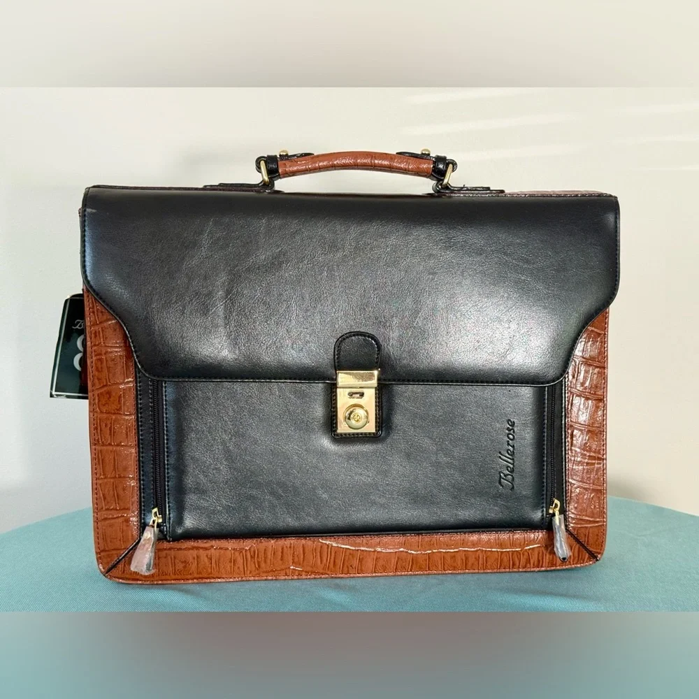 VTG ~ Bellerose Black and Brown Croc-Embossed Leather Briefcase ~
